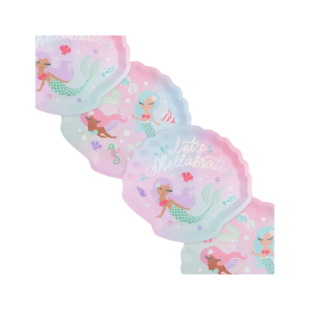 Pastel mermaid paper plates with seashell and mermaid designs birthday theme from Parte Haus party supply store in Bethesda MD