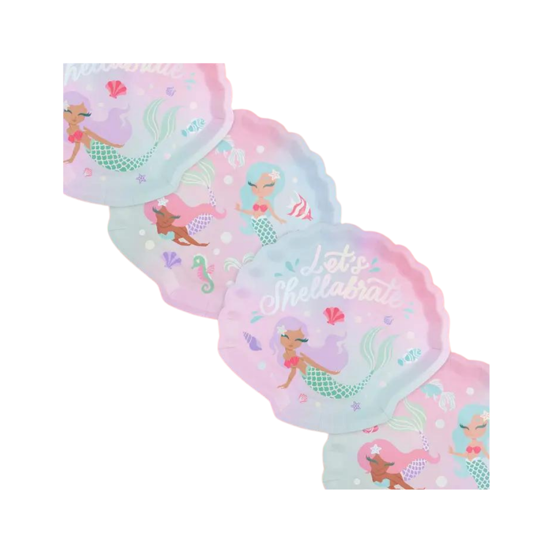 Pastel mermaid paper plates with seashell and mermaid designs birthday theme from Parte Haus party supply store in Bethesda MD