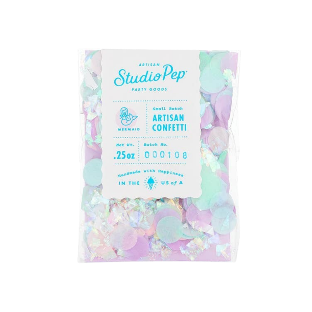 Mermaid pastel artisan confetti with iridescent and purple circles for mermaid party theme from Parte Haus party supply store in Bethesda MD