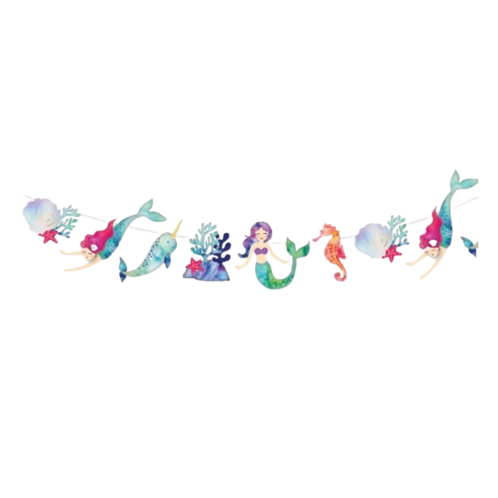 Colorful mermaid and narwhal garland ocean birthday decoration from Parte Haus party supply store in Bethesda MD