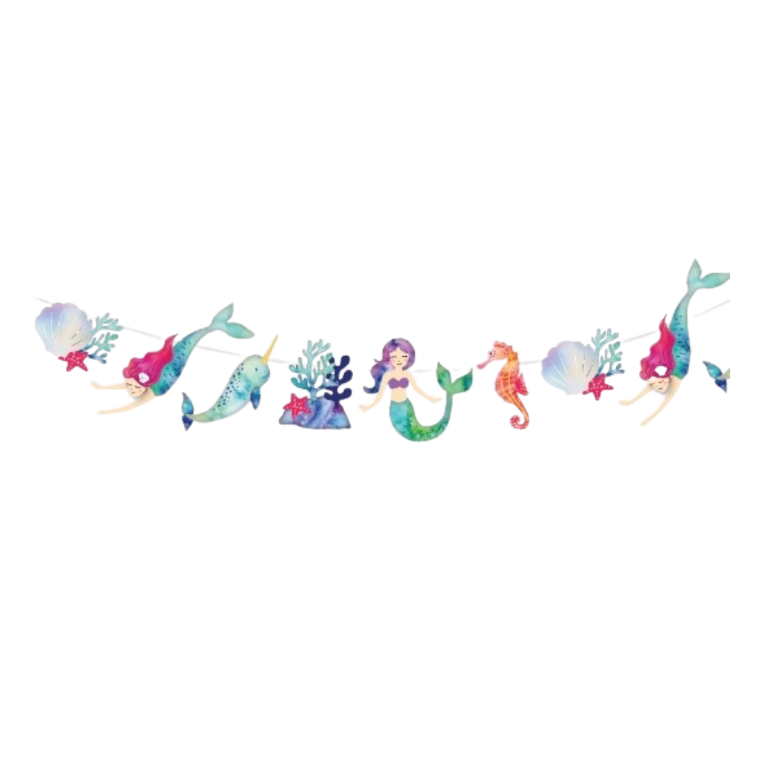 Colorful mermaid and narwhal garland ocean birthday decoration from Parte Haus party supply store in Bethesda MD