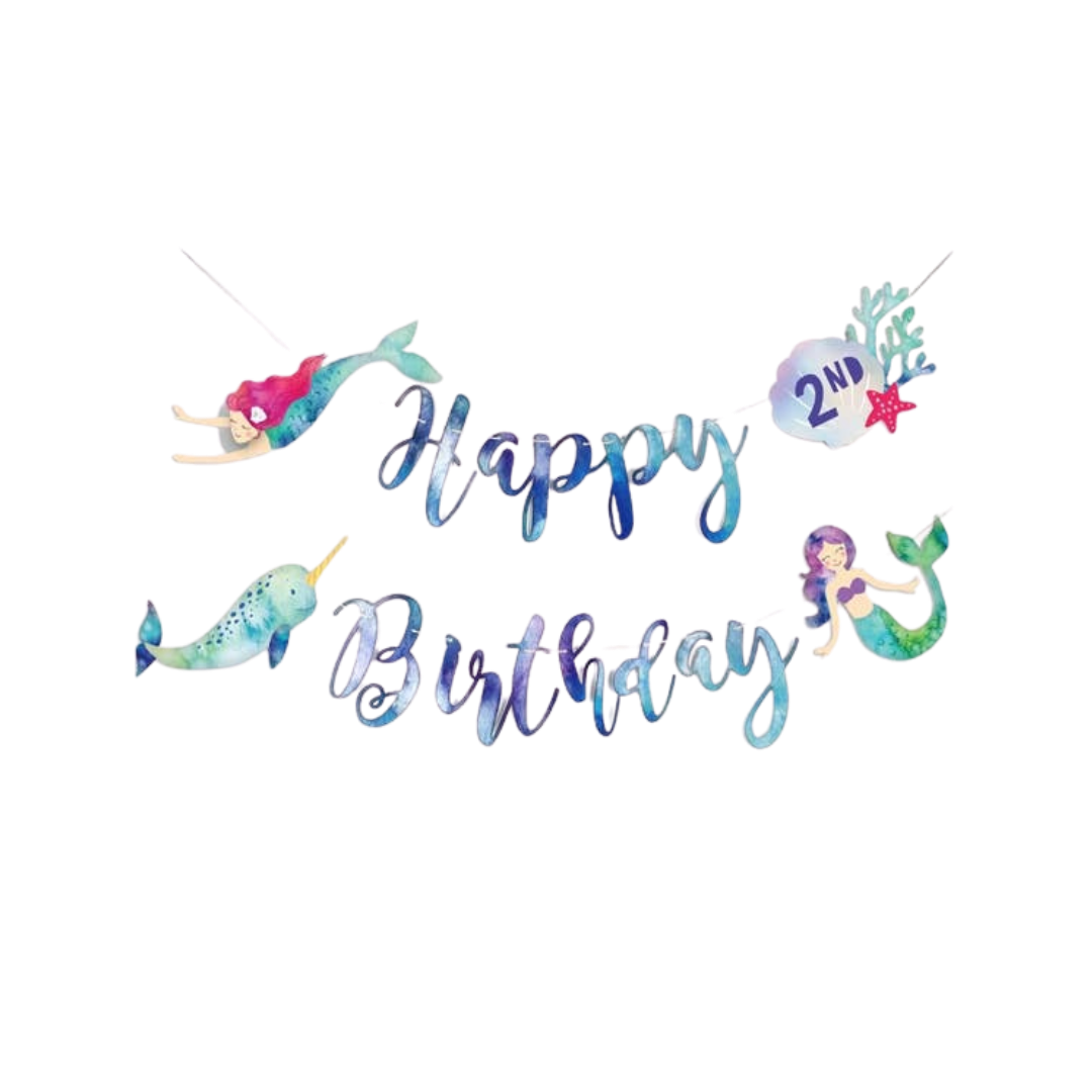 Colorful mermaid and narwhal birthday banner with ocean theme for kids from Parte Haus party supply store in Bethesda Maryland