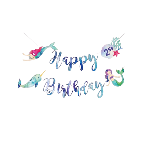 Colorful mermaid and narwhal birthday banner with ocean theme for kids from Parte Haus party supply store in Bethesda Maryland