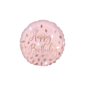 Metallic blush round happy birthday foil balloon with gold accents birthday theme from Parte Haus party supply store in Bethesda Maryland