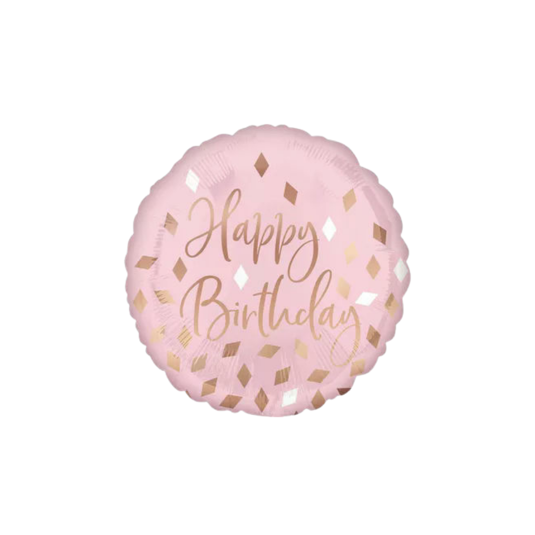 Metallic blush round happy birthday foil balloon with gold accents birthday theme from Parte Haus party supply store in Bethesda Maryland