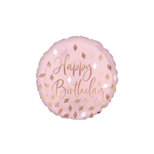Metallic blush round happy birthday foil balloon with gold accents birthday theme from Parte Haus party supply store in Bethesda Maryland