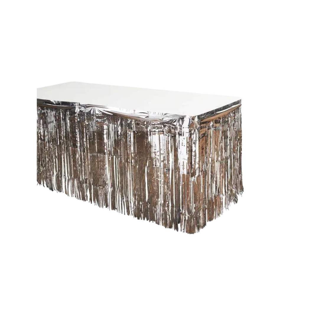 Silver Metallic Fringe Table Skirt