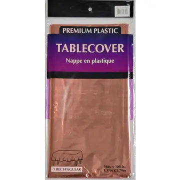 Rose gold metallic table cover in plastic packaging for birthday or event from Parte Haus party supply store in Bethesda MD
