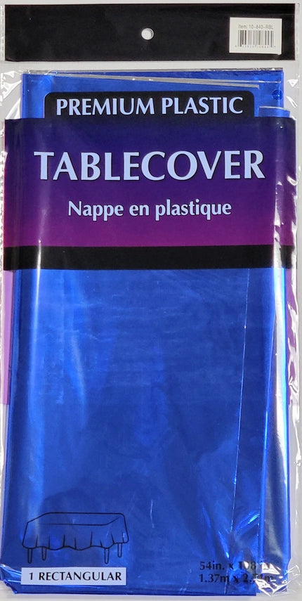Blue metallic table cover with plastic shine for birthday party from Parte Haus party supply store in Bethesda MD