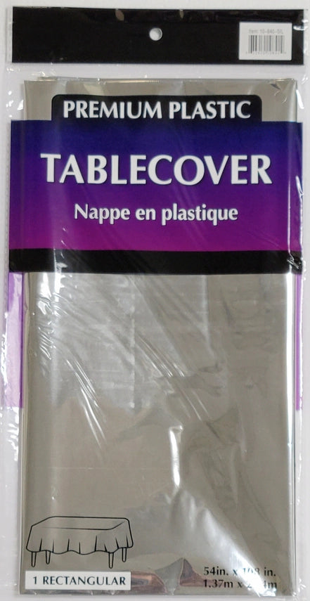 Metallic silver plastic table cover in rectangular shape for celebrations from Parte Haus party supply store in Bethesda MD.