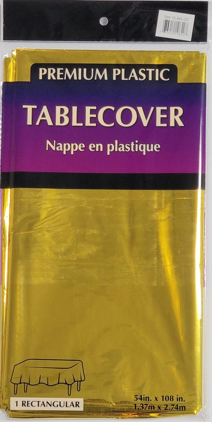 Gold metallic rectangular table cover with shiny finish from Parte Haus party supply store in Bethesda Maryland