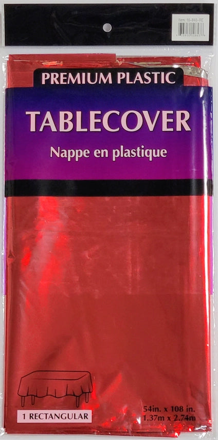 Red metallic rectangular table cover glossy finish for celebrations from Parte Haus party supply store in Bethesda MD