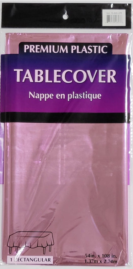 Metallic pink rectangular plastic table cover flat folded for celebration from Parte Haus party supply store in Bethesda MD.