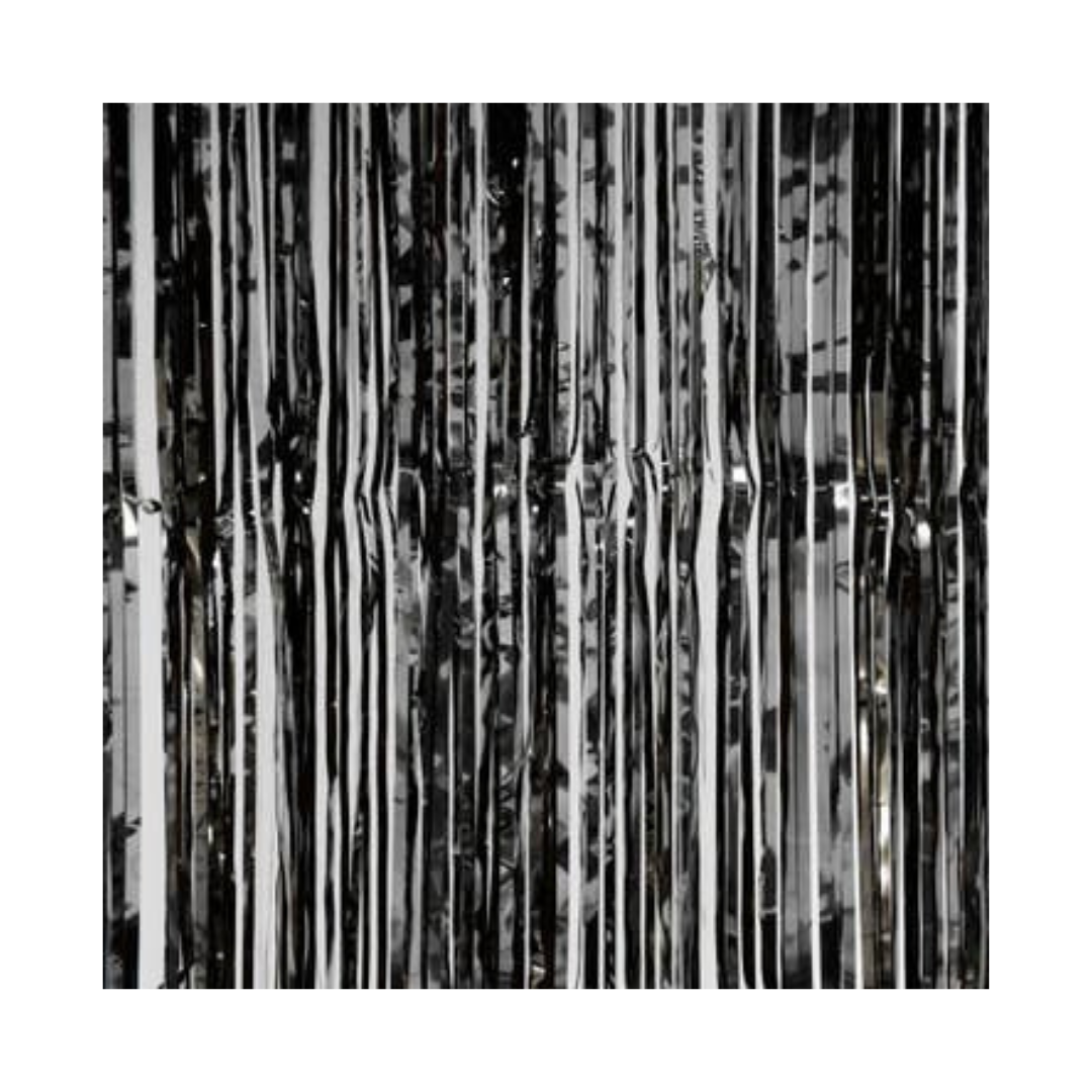 Black metallic backdrop curtain shiny fringe for celebration from Parte Haus party supply store in Bethesda MD