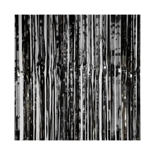 Black metallic backdrop curtain shiny fringe for celebration from Parte Haus party supply store in Bethesda MD