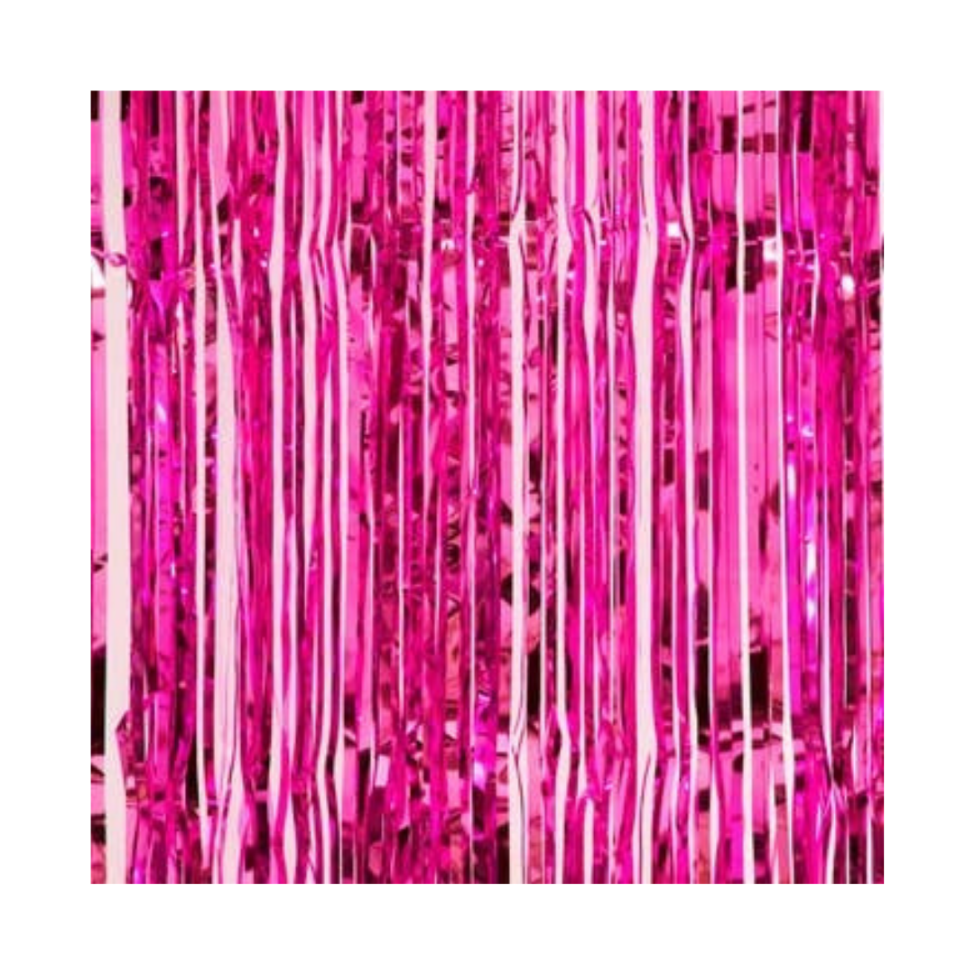 Fuchsia metallic backdrop curtain with shiny fringe for birthday celebration from Parte Haus party supply store in Bethesda MD