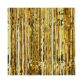 Gold metallic backdrop curtain with shiny fringe for celebration from Parte Haus party supply store in Bethesda MD