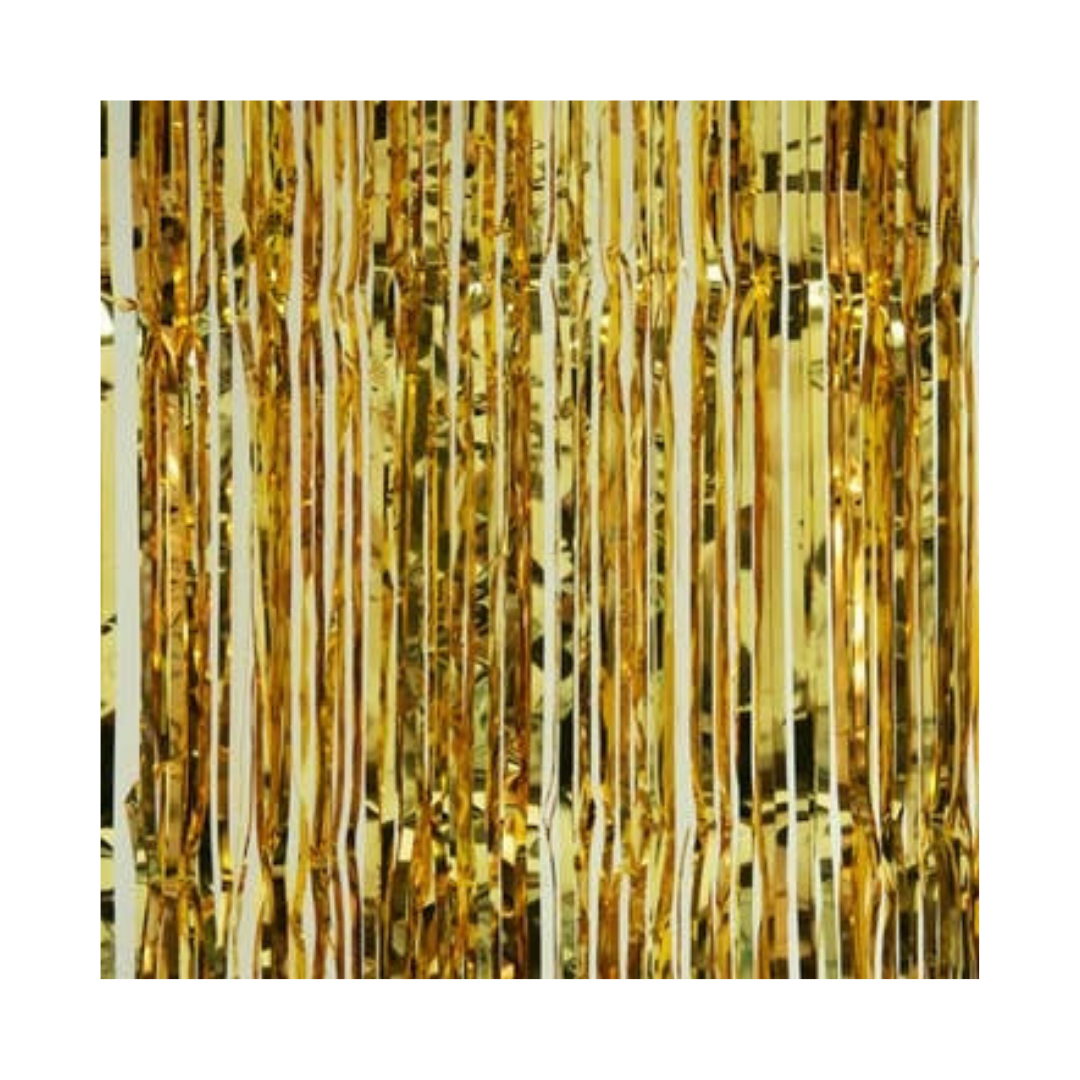 Gold metallic backdrop curtain with shiny fringe for celebration from Parte Haus party supply store in Bethesda MD