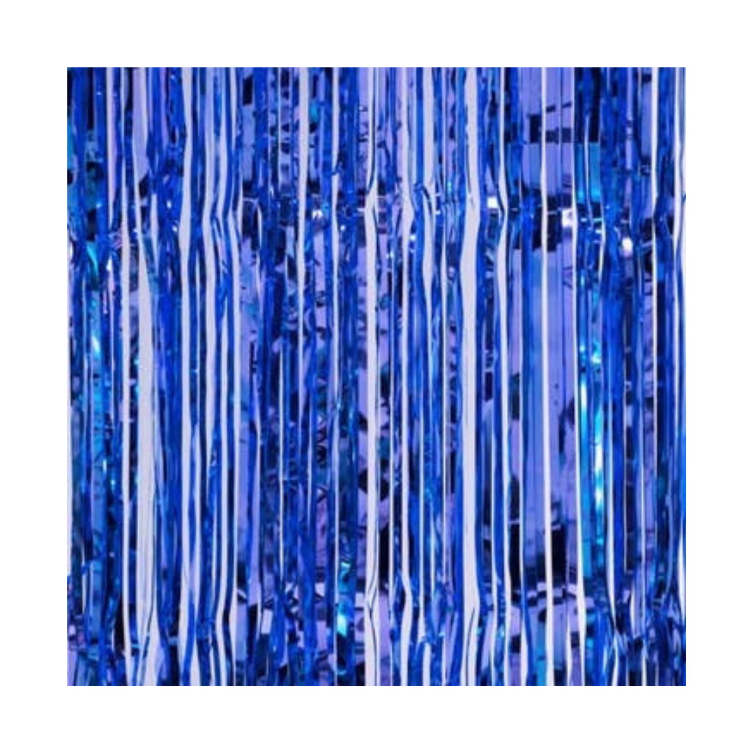 Royal blue metallic fringe curtain backdrop for birthdays from Parte Haus party supply store in Bethesda MD