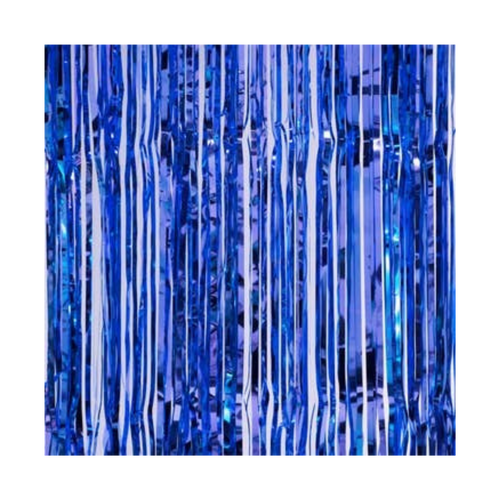 Royal blue metallic fringe curtain backdrop for birthdays from Parte Haus party supply store in Bethesda MD