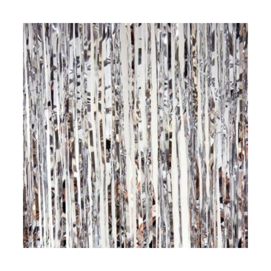 Silver metallic backdrop curtain with shiny fringe for celebration from Parte Haus party supply store in Bethesda MD.