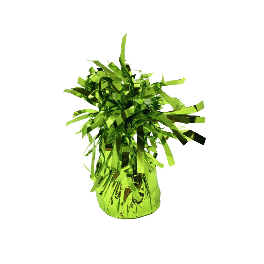 Lime green metallic balloon weight with shiny fringe for birthday from Parte Haus party supply store in Bethesda MD