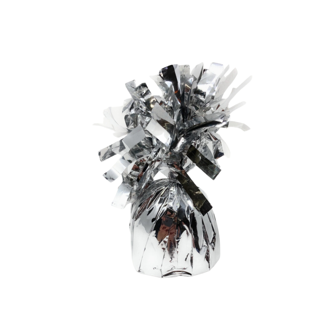 Silver balloon weight shiny metallic wrap great for celebrations from Parte Haus party supply store in Bethesda MD