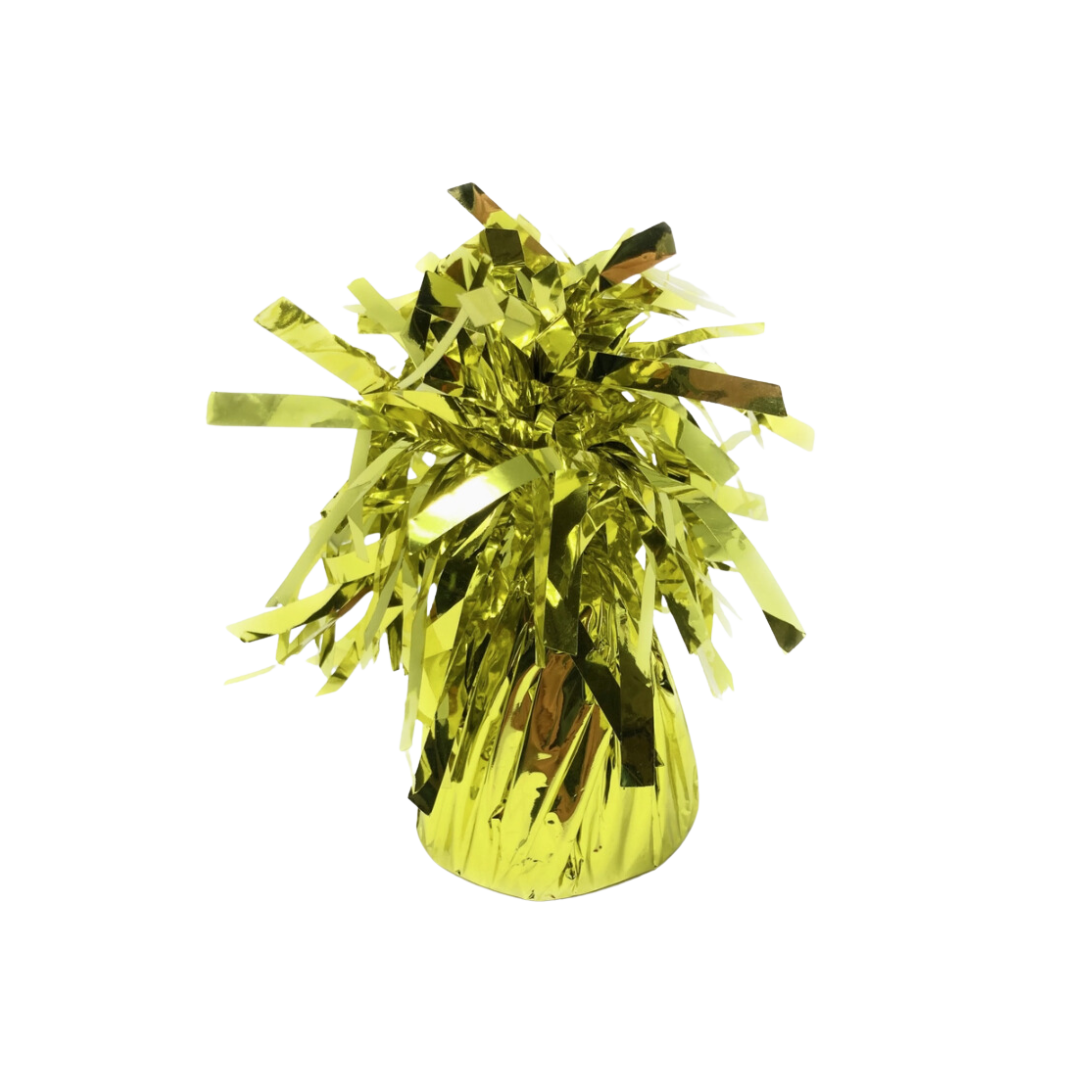 Yellow metallic balloon weight with shiny fringe birthday decor from Parte Haus party supply store in Bethesda MD