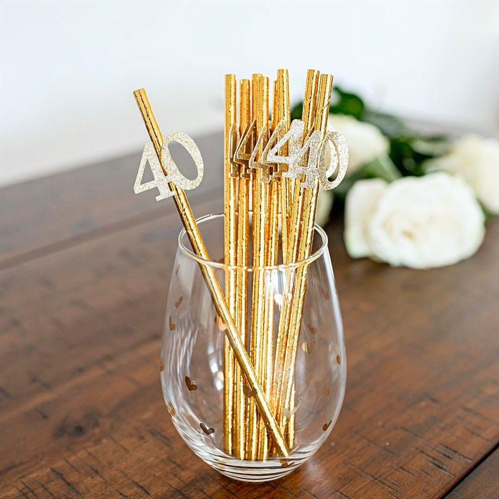 Metallic gold straws with glitter 40 number decoration for 40th birthday from Parte Haus party supply store in Bethesda MD