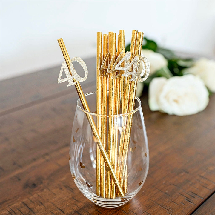 Metallic Silver 40th Birthday Party Straws