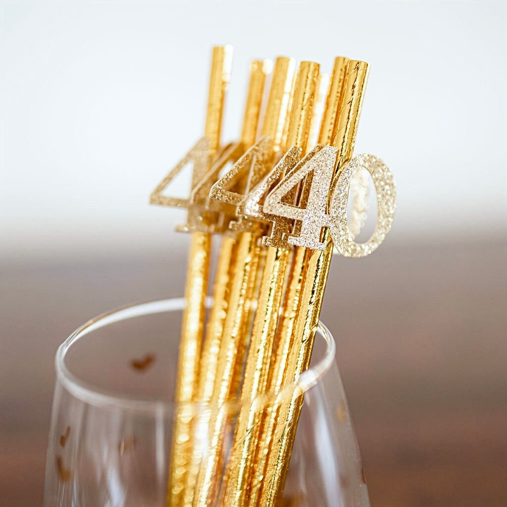 Metallic gold straws with glitter 40 for 40th birthday from Parte Haus party supply store in Bethesda MD