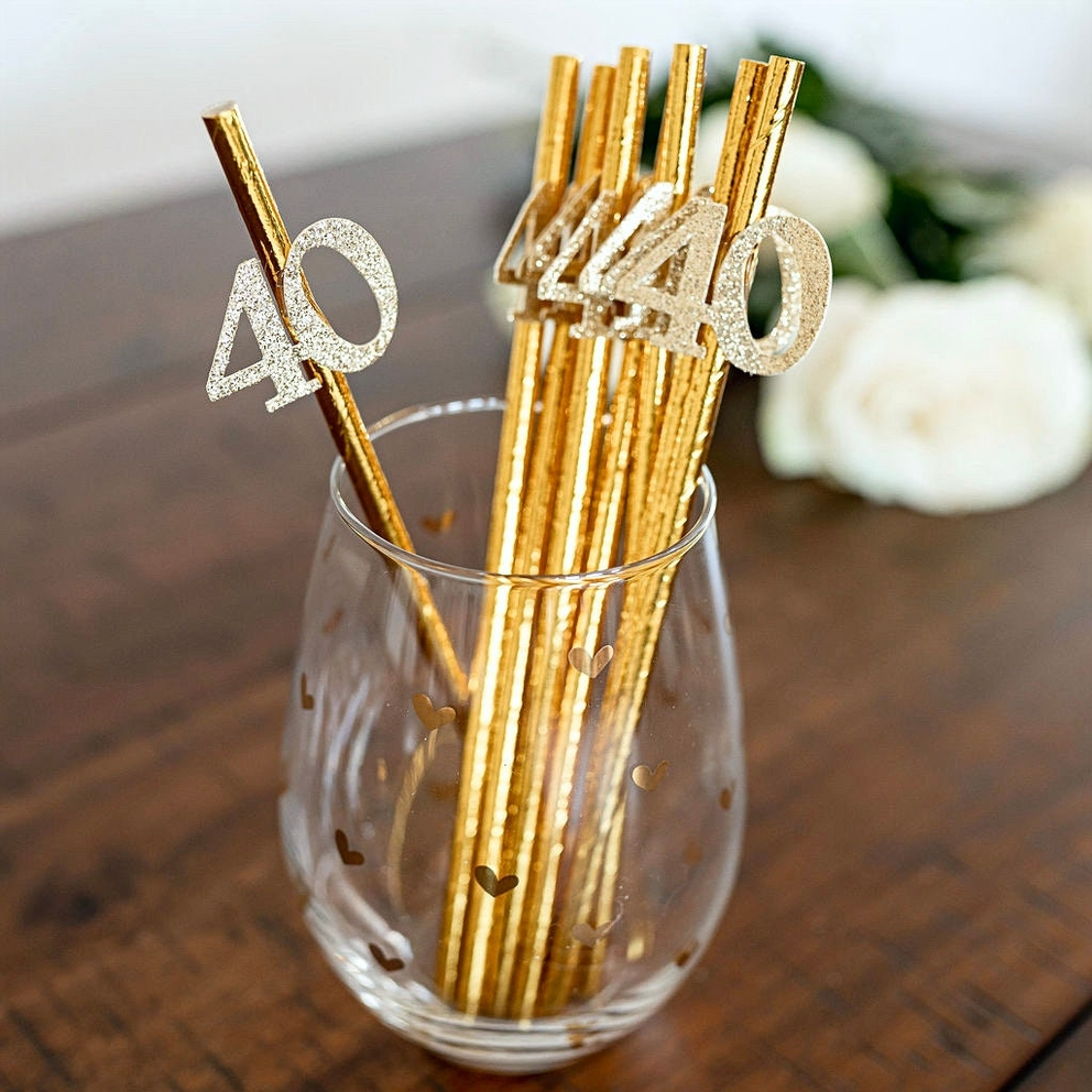 Metallic gold straws with glittery 40 toppers for 40th birthday from Parte Haus party supply store in Bethesda MD