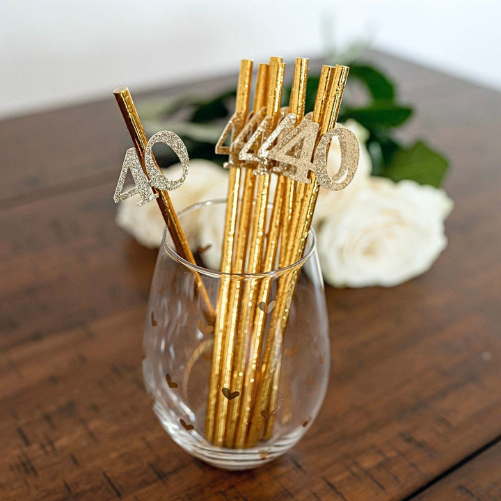 Metallic Silver 40th Birthday Party Straws