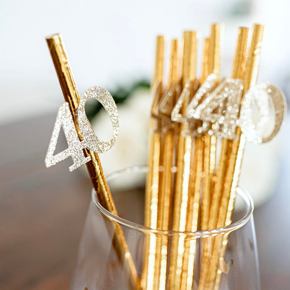 Metallic gold straws with glitter 40 number for 40th birthday from Parte Haus party supply store in Bethesda MD