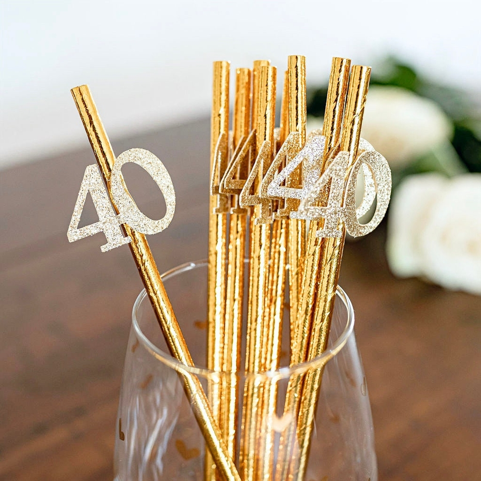 Metallic Silver 40th Birthday Party Straws