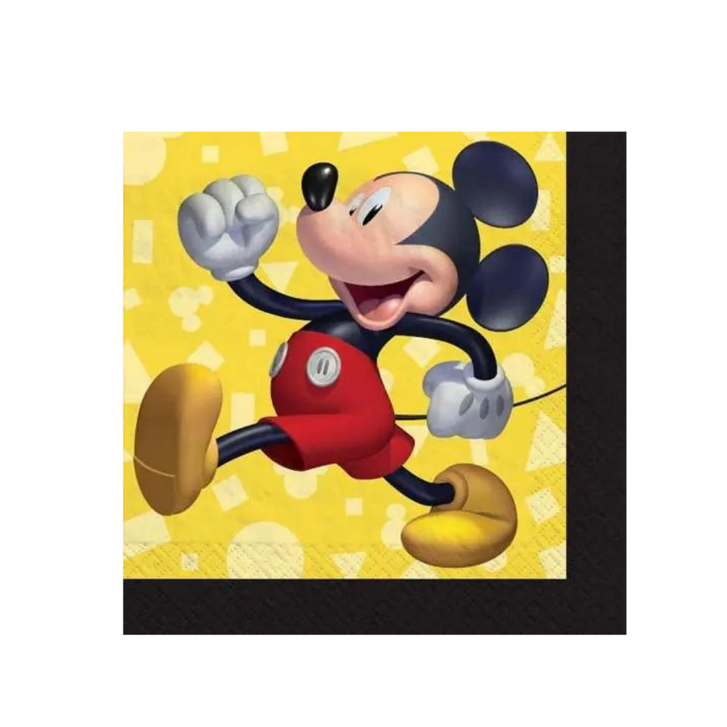 Yellow cartoon beverage napkin featuring Mickey Mouse for birthday theme from Parte Haus party supply store in Bethesda MD