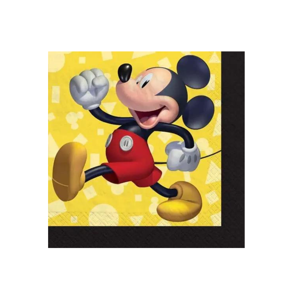 Yellow cartoon beverage napkin featuring Mickey Mouse for birthday theme from Parte Haus party supply store in Bethesda MD