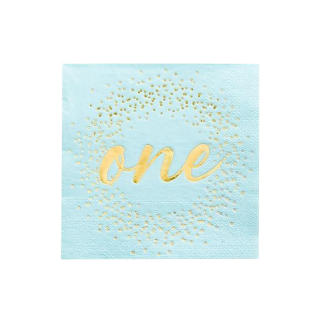 Blue milestone cocktail napkin with gold one and confetti first birthday from Parte Haus party supply store in Bethesda MD
