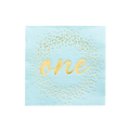 Blue milestone cocktail napkin with gold one and confetti first birthday from Parte Haus party supply store in Bethesda MD