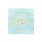 Blue milestone cocktail napkin with gold one and confetti first birthday from Parte Haus party supply store in Bethesda MD