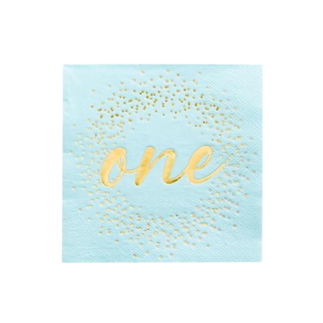 Blue milestone cocktail napkin with gold one and confetti first birthday from Parte Haus party supply store in Bethesda MD