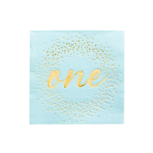 Blue milestone cocktail napkin with gold one and confetti first birthday from Parte Haus party supply store in Bethesda MD
