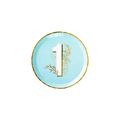 Blue milestone dinner plate with gold number one and floral design first birthday from Parte Haus party supply store in Bethesda Maryland