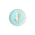 Blue milestone dinner plate with gold number one and floral design first birthday from Parte Haus party supply store in Bethesda Maryland