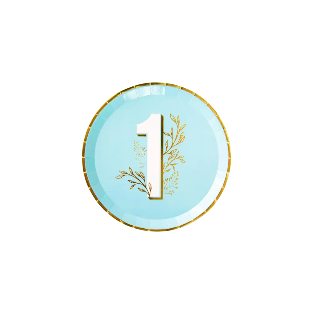 Blue milestone dinner plate with gold number one and floral design first birthday from Parte Haus party supply store in Bethesda Maryland
