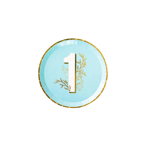 Blue milestone dinner plate with gold number one and floral design first birthday from Parte Haus party supply store in Bethesda Maryland