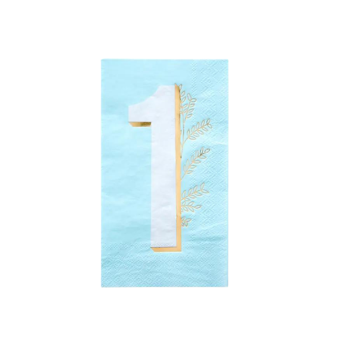 Blue milestone napkin with gold accents and large number one for first birthday from Parte Haus party supply store in Bethesda MD.