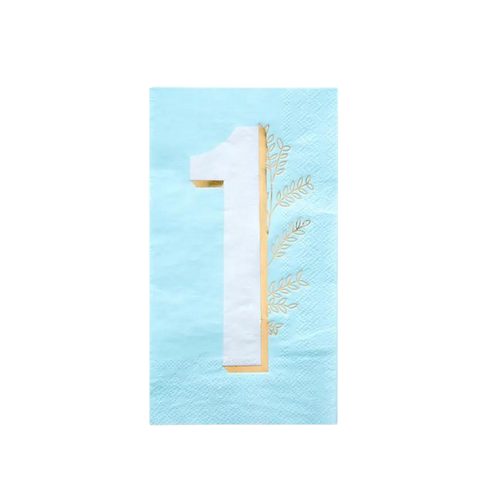 Blue milestone napkin with gold accents and large number one for first birthday from Parte Haus party supply store in Bethesda MD.