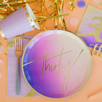 Purple ombre thirty dinner plate with gold accents for 30th birthday from Parte Haus party supply store in Bethesda Maryland