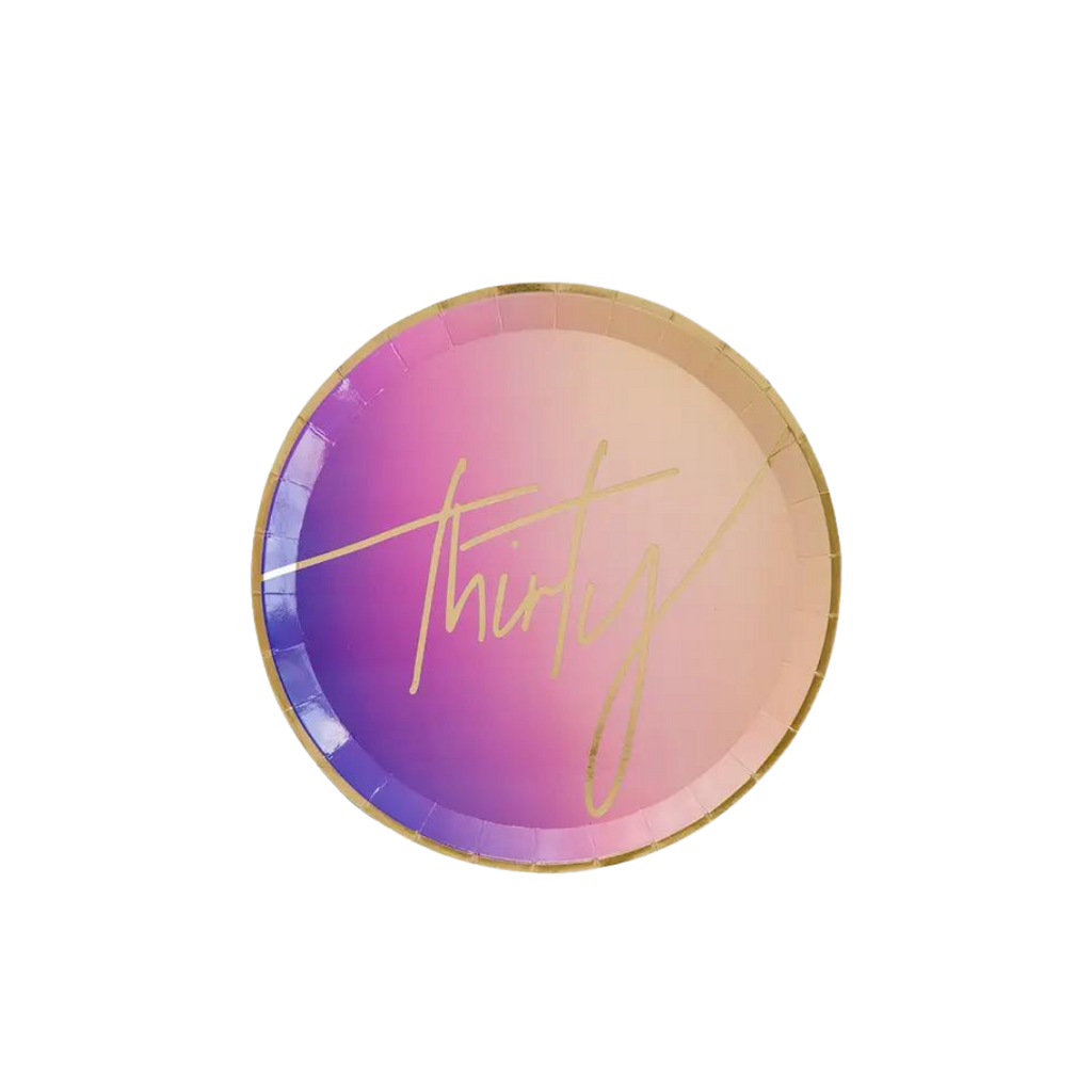 Purple and gold paper plate with thirty script design birthday theme from Parte Haus party supply store in Bethesda MD